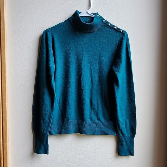 Heathcote Vintage Aqua Mock Neck Pearl Button Sweater Size 38/Large - Picture 3 of 16